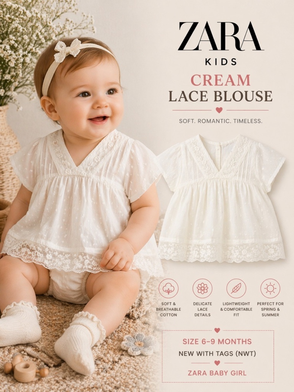 ZARA Baby Girl Cream Lace Blouse 6-9M NWT Ivory Boho Top